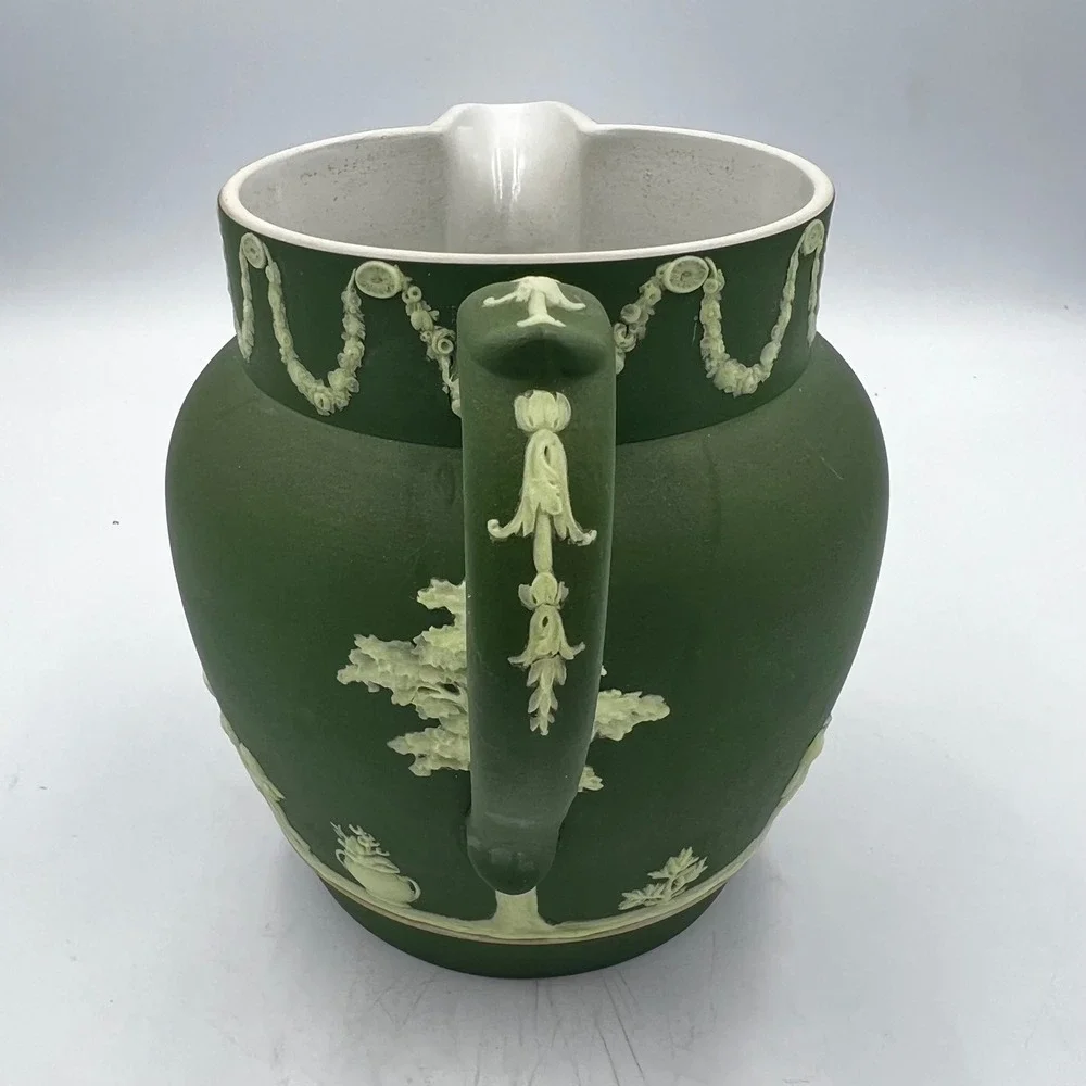 Antique Wedgwood Olive Green Jasper-Dip‎ Pitcher Classical Muses Relief 1800's